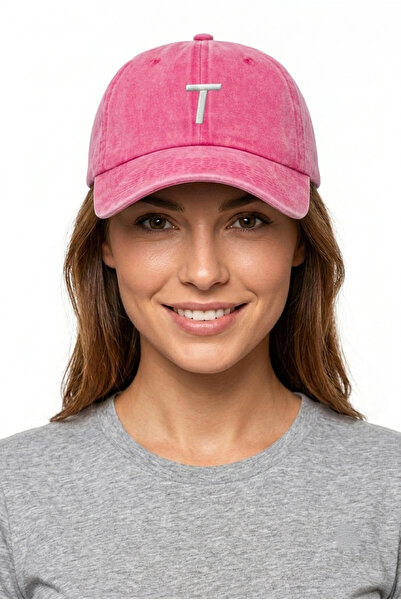 ŞapkaMania Pink Embroidered Washable Vintage Unisex Hat with Letter t