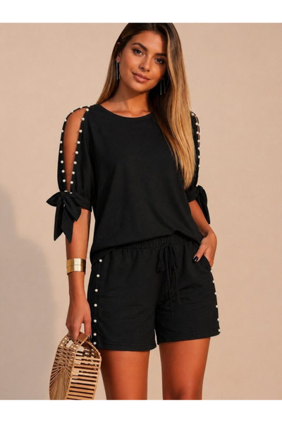 DRESSIFY WOMEN’S FASHION Kadın Kısa Kollu Bisiklet Yaka Yarı Açık Omuz İnci D...
