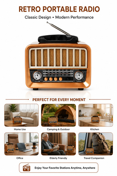 Baytix HOME Portable Retro Bluetooth FM/AM Radio with USB & TF Card Speaker, ...