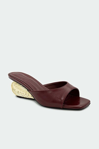 LamintaGlobal Bobby Gold Heel Detailed Women's Burgundy Slippers