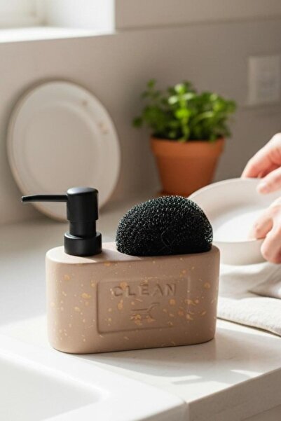 ALBETTO Stoneware Liquid Soap Dispenser with Sponge Compartment Brown 48798