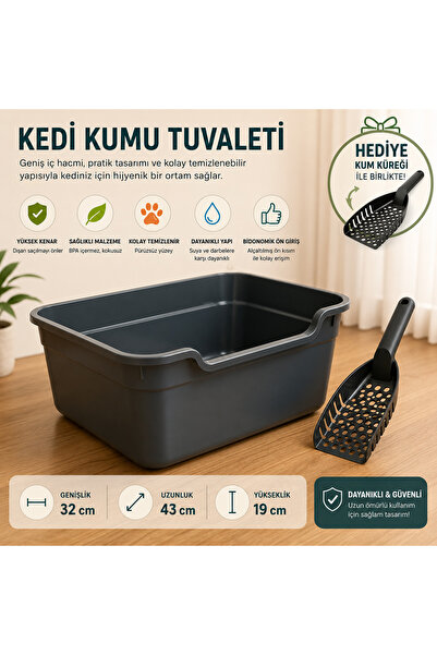 Poliwork Yarı Açık Kedi Tuvaleti Plastik Kedi Kum Kabı Yüksek Kenarlı Büyük B...