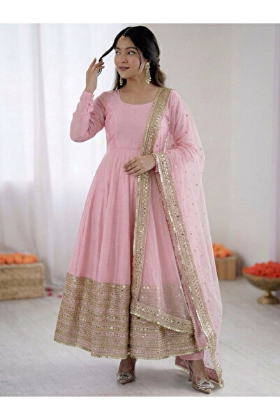 MYSMAR Pink Roman Silk Anarkali Gown Set - HRT8685 | Pink