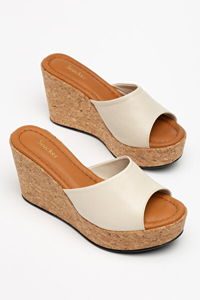 SNİCKER Beige Genuine Leather Cork Coated Slippers Women's Shoes Moka