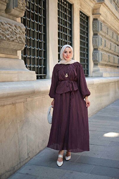 LOCCO Women's Inner Lined Drawstring Detail Crochet Suit Plum
