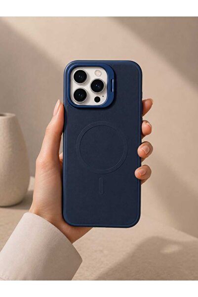 Case I PHONE 16 PRO MAX Lacivert Deri Detaylı Standlı Kılıf