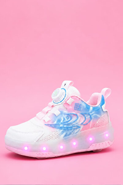 ByCukurovaFrango Işıklı Şarjlı Kız Çocuk 4 Tekerlekli Pembe Günlük Sneaker Frenli Patenli Ayakkabı