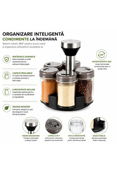 OEM Suport rotativ condimente 360 grade, 6 recipiente dozatoare, dimensiuni 1...