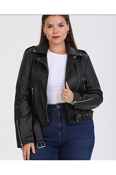 Reysamoda Kol fermuarlı detaylı Siyah slim fit Batal beden Deri Ceket
