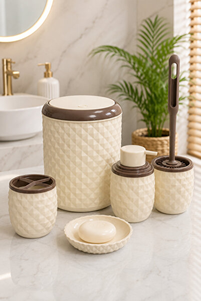 Karçiçeği Home Diamond 5-Piece Cream Brown Bathroom Set – Touch-Click Trash C...