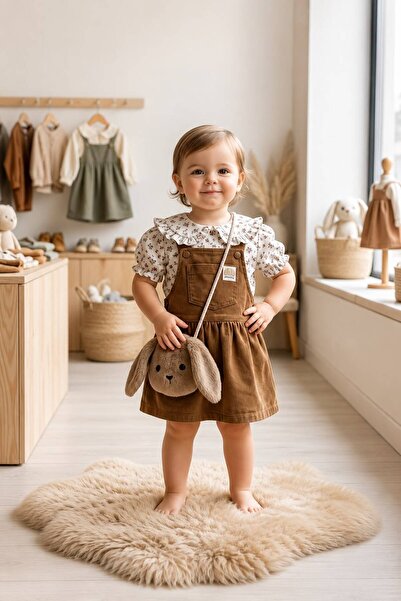 sealy kids Kız Bebek Askılı Kadife Jile Elbise ve Çiçek Desenli Bluz Takımı –...