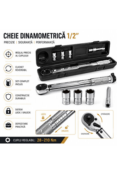 Bigstren Cheie dinamometrica 1/2", reglaj 28-210 Nm, cap clichet reversibil, set tubulare 17/19/21 mm, extensie inclusa, 47 x 4.5 cm, otel, Argintiu