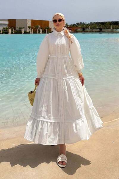 Hazamoda Ivana Guipur Detailed Dress White
