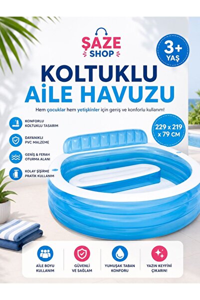 SAZE Koltuklu Aile Havuzu 229x219x79 Cm Şişme Oturaklı Bahçe Havuzu 3+ Yaş Ye...