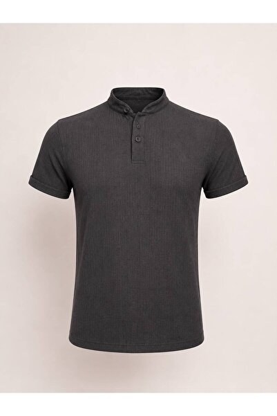OEM Tricou bărbătesc din in, guler tunică, mânecă scurtă Gri