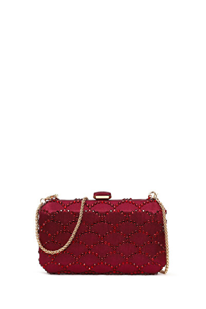 Derimod Women's Burgundy Long Chain Strap Stoned Mini Portfolio Evening Dress...