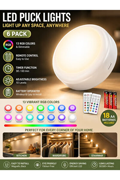 Ump Rechargeable Puck Lights (6 Pack), Under Cabinet Magnetic Lights, Timable...