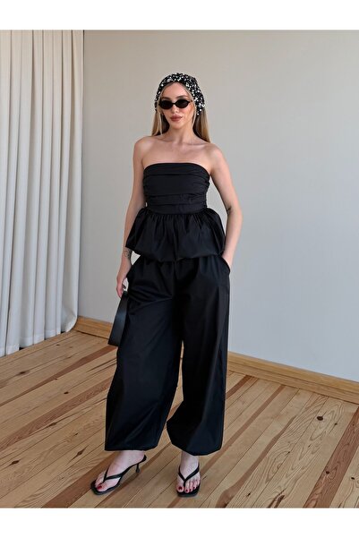 Laluvia Black Balloon Blouse Pants Set - 7334