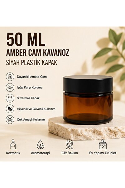 Kozpak 1 adet 50 ml Amber Cam Kavanoz Siyah Kapaklı Kozmetik Krem Balm Kabı