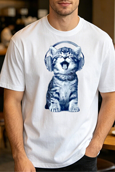 Fleck Cute Kitten With Headphones T Shirts For Men Cat Music Lover Mens Print...