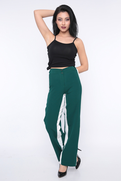 FIRST STYLE Women's Green Turkish Pants with White Lines on the Sides