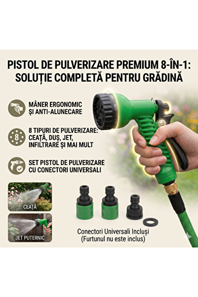 OEM Set Pistol de Stropit Grădina cu 8 Moduri de Pulverizare, Furtun Extensib...