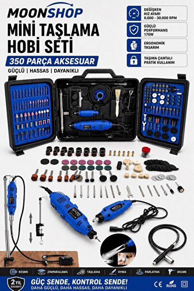 MOONSHOP Mini Taşlama Hobi Seti 350 Parça Aksesuar Gravür Oyma Kesme Zımparal...