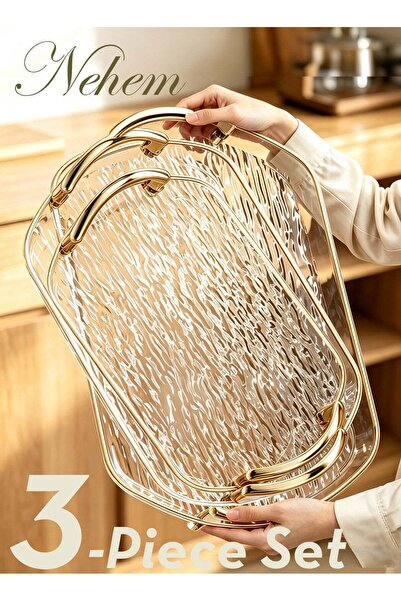 nehem 3 PCS Clear Serving Tray with Polished Metal Handles, Wavy Pattern