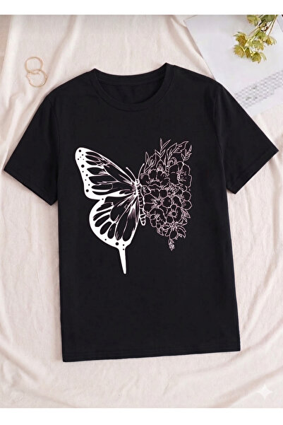 UNCİA OUTDOORS Women's Butterfly Print Oversized Crew Neck T-Shirt