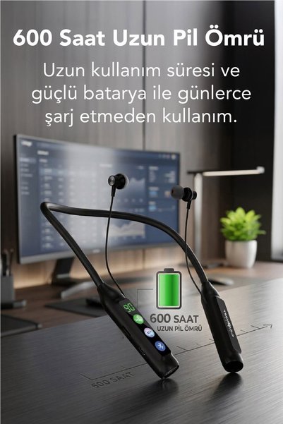 Teknoloji Gelsin 600 saat Sporcu Kulaklığı Kablosuz Bluetoot Kulaklık Led Göstergeli Boyunluk Kulaklık Stereo V5.4