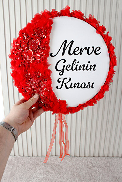 Mortex Kırmızı Aplik ve 3D Çiçek Süslemeli Kişiye Özel Gelin Tefi 32 cm Kına,...