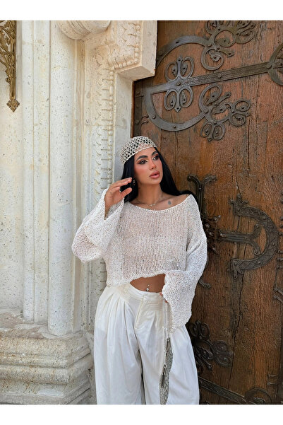 kırmızı butiks Ecru Elite Işıltı Knitwear