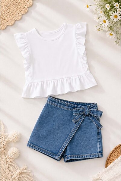 Lolliboomkids Girl's White Ruffle Sleeve Blouse Jean Shorts Skirt Set / Styli...