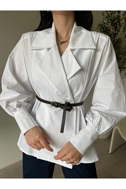 Bade Butik White double-breasted collar belted shirt
