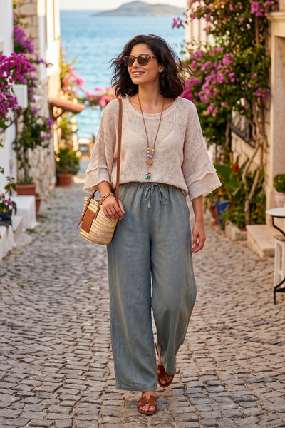 Lela Linen Tie-Dye Detailed Wide-Leg Trousers Pants 145m39911