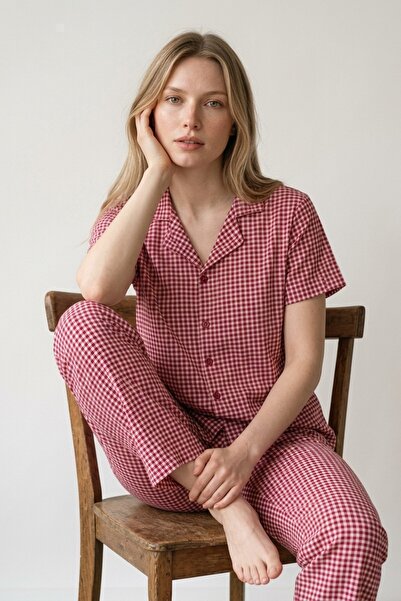 MORRO Women's Red Checkered Buttoned Collar Short Sleeve Pajama Set