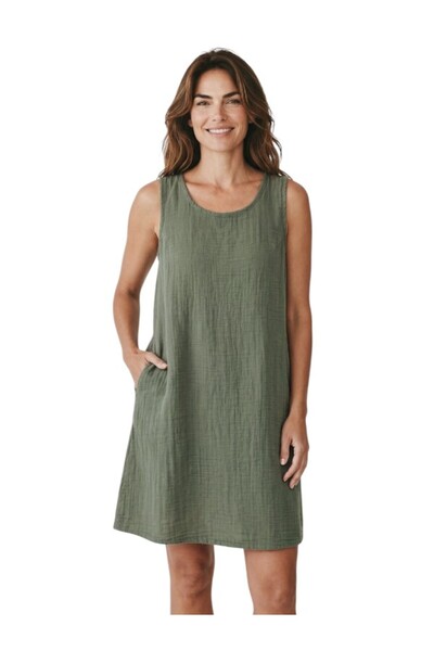 MODA Women's Muslin Linen Sleeveless Above-Knee Dress with Side Pockets Comfo...