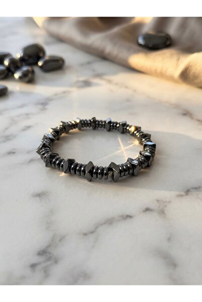 Meneva Aksesuar Ring and Diamond Cut Hematite Natural Stone Bracelet
