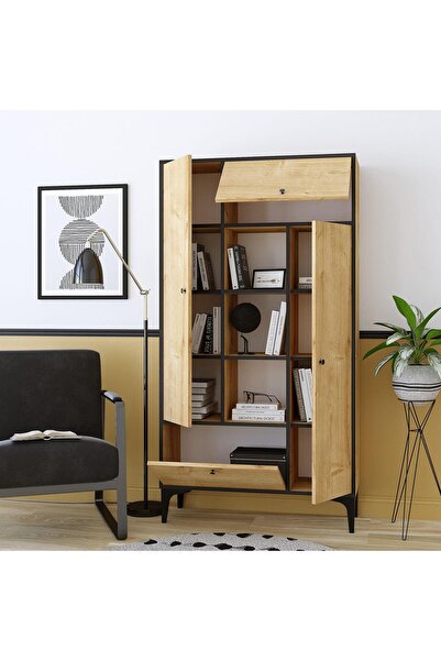 Adore Biblioteca Arsenio cu 4 usi si rafturi, Stejar, 96x177x32 cm