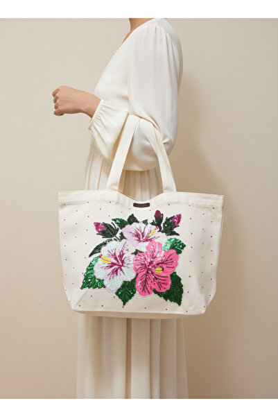 Vogue Visage Hibiscus Sequin Canvas Tote Bag
