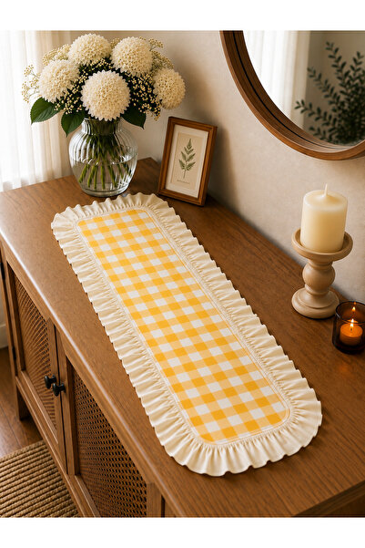 ŞAH TEXTILE DESIGN 30x80 keten fırfırlı pötikare runner konsol örtüsü