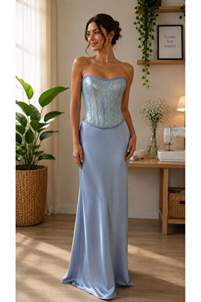 BESİNG Blue Corset Top and Long Skirt Women's Bottom-Top Set