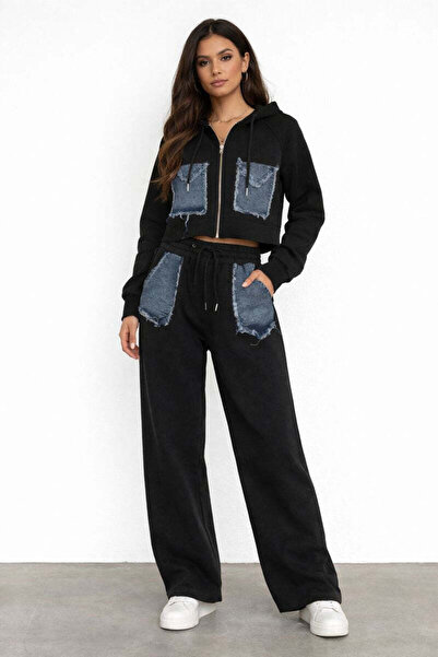 MODEN Black casual set with denim inserts and zipper