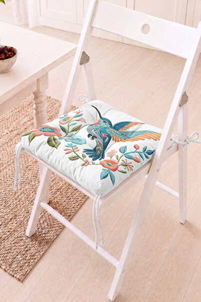 Home Renkli Kuş ve Çiçek Nakış Desenli Pofidik Sandalye Minderi - Vintage Bah...