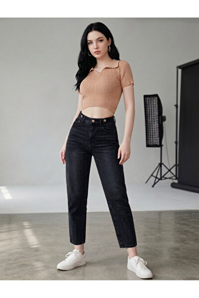 SHEVEGA Black High Waist Belt Detailed Trendy Mom Jean Boyfriend Jeans