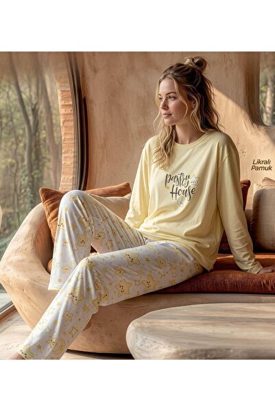 Pijamoni Дамски втален пижамен комплект от памук с ликра, с кръгло деколте и ...