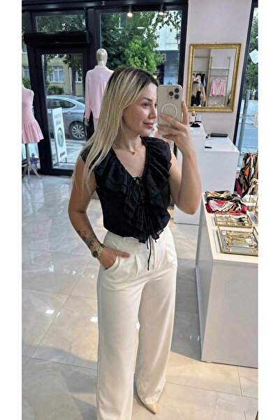 Lovely butik Kadın Fırfırlı Bağcıklı Bluz - Keten Dokulu Yazlık Kolsuz Askılı...