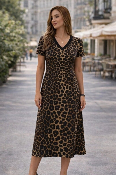 Beruflic Women's Short Sleeve V-Neck Patterned Short Single Jersey Dress