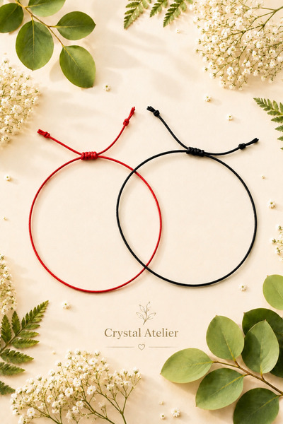 Crystal Atelier Kırmızı Siyah İpli Kader Bağı Çift Bileklik Seti
