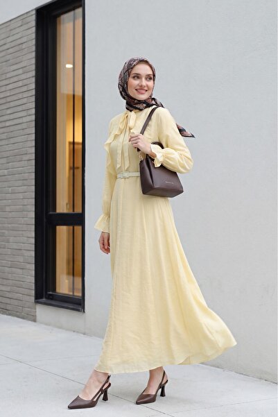 Modamorfo Removable Bolero Belted Lined Double Layered Tulle Voile Dress - Ye...